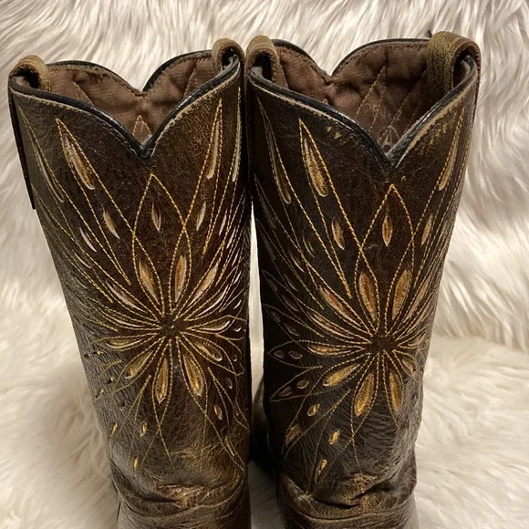SOLD ❌Vintage ACME - Cowboy Boots Brown Leather w Gold Design Narrow Cowgirl - Picture 7 of 13